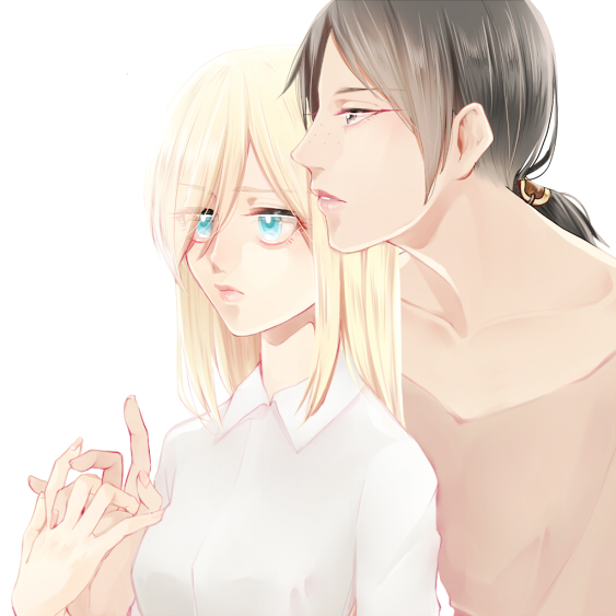 2girls, bad_id, bad_pixiv_id, black_hair, blonde_hair, krista_lenz, holding_hands, harureya