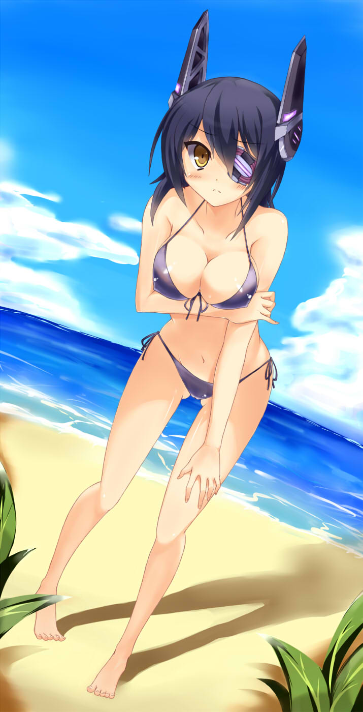 10s, 1girl, barefoot, beach, bikini, black_hair, blush, breasts