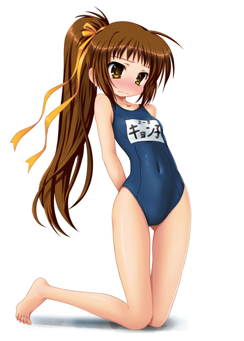 00s, 1girl, 920-k, barefoot, blush, brown_eyes, brown_hair, female_focus