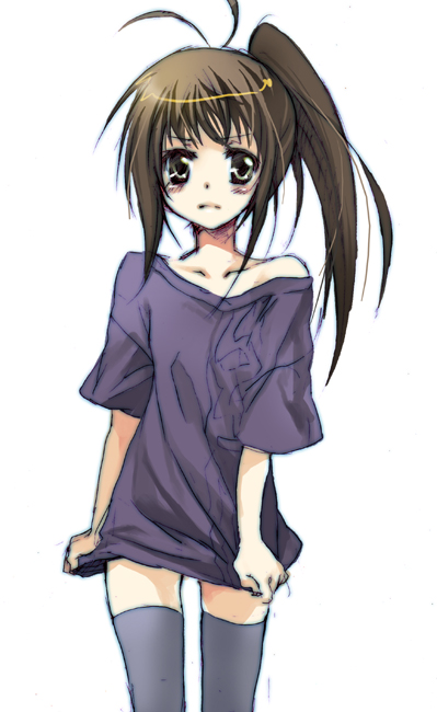 00s, 1girl, 6land, bare_shoulders, female_focus, genderswap, genderswap_(mtf), kyonko, kyoto_animation, ponytail, shirt, side_ponytail, solo, suzumiya_haruhi_no_yuuutsu, t-shirt, thighhighs, zettai_ryouiki