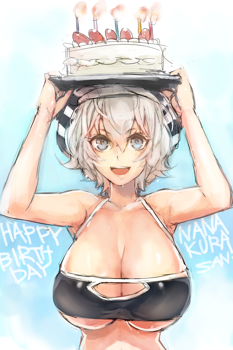 1girl, birthday_cake, blue_eyes, breasts, cake, cleavage, female_focus, food, fuguu-chan, happy_birthday, highres, huge_breasts, large_breasts, on_head, open_mouth, original, short_hair, silver_hair, solo, sweat, taishi_(artist), taishi_(picchiridou), text_focus, underboob