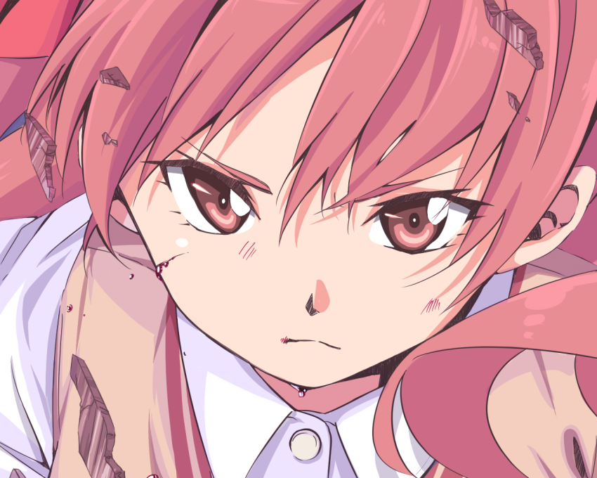 1girl, bad_id, bad_pixiv_id, blood, brown_eyes, brown_hair, close-up, debris