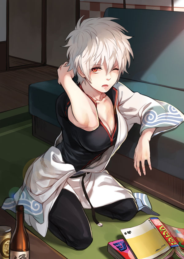 1girl, book, breasts, cleavage, female_focus, genderswap, genderswap_(mtf), gintama, japanese_clothes, masa_ashe, medium_breasts, red_eyes, sakata_ginko, sakata_gintoki, solo, white_hair