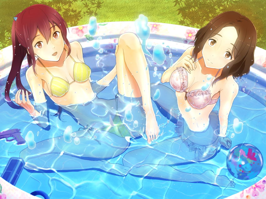10s, 2girls, amakata_miho, ball, barefoot, beachball, bikini, brown_eyes