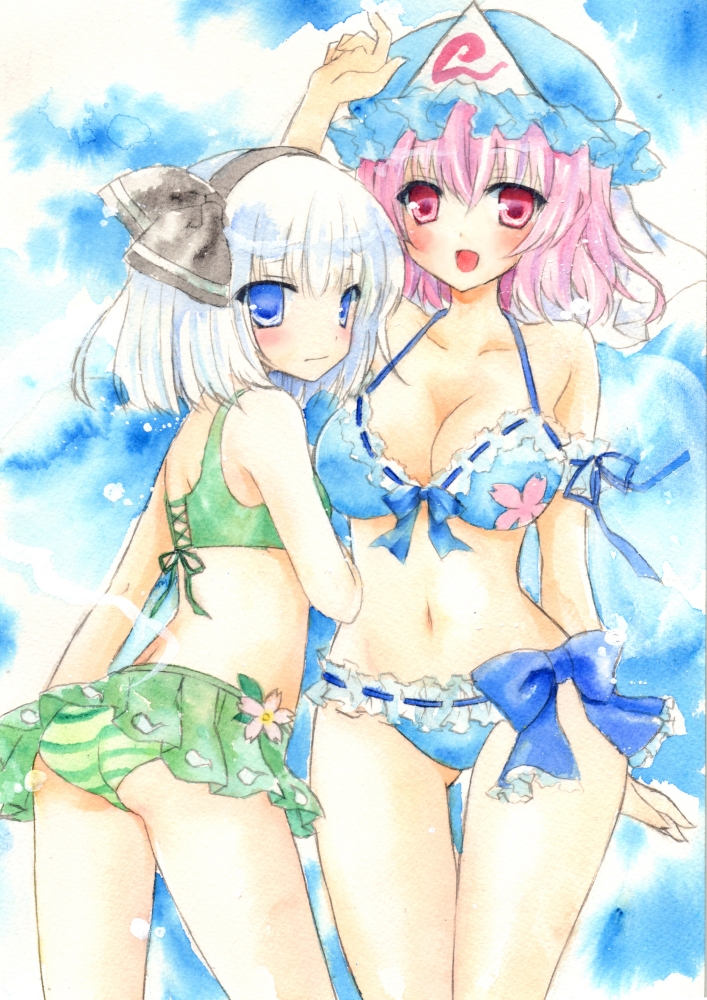 2girls, adapted_costume, ass, back, bikini, bikini_skirt, blue_eyes, breasts