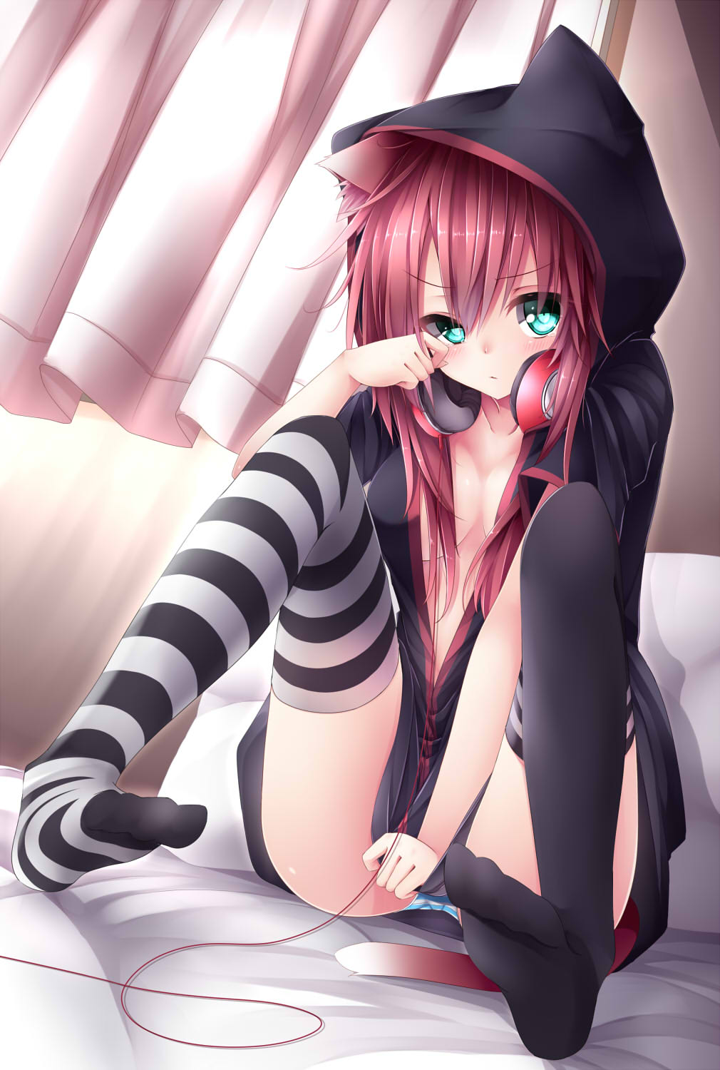 1girl, animal_ear_fluff, animal_ears, breasts, cable, cat_ears, chabaneko, cleavage, female_focus, full_body, green_eyes, hair_between_eyes, headset, highres, hood, hood_up, indoors, long_hair, looking_at_viewer, medium_breasts, no_shoes, original, panties, pink_hair, short_hair, sitting, socks, solo, striped_clothes, striped_panties, striped_thighhighs, tarutaru22, thighhighs, underwear, yonari_phone_neon
