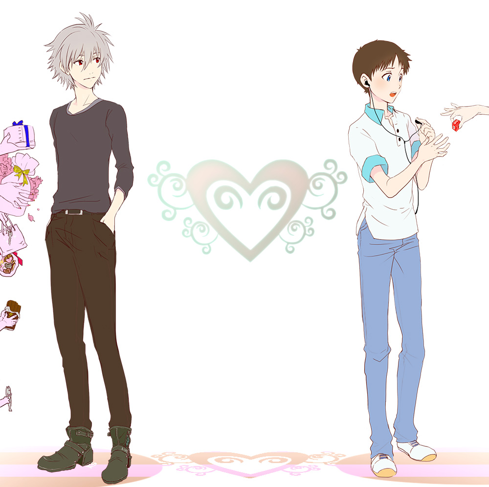 2boys, blue_eyes, bouquet, brown_hair, candy, casual, chocolate, chocolate_bar, earphones, fish, flower, food, gift, grey_hair, hands_in_pockets, heart, ikari_shinji, ks53, male_focus, multiple_boys, nagisa_kaworu, neon_genesis_evangelion, red_eyes
