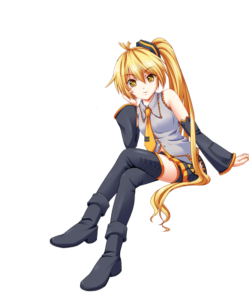 1girl, akawata, akita_neru, ankle_boots, black_thighhighs, blonde_hair, boots, colorized