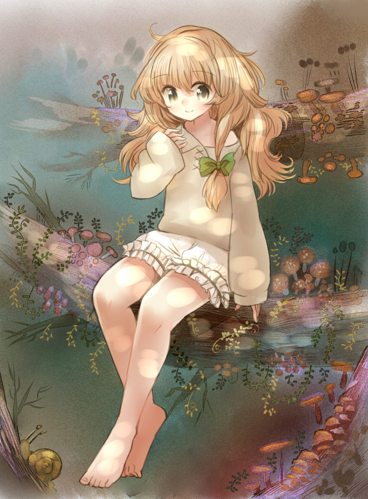 1girl, bare_shoulders, barefoot, blonde_hair, bloomers, feet, female_focus, kirisame_marisa, long_hair, messy_hair, mushroom, off_shoulder, ribbon, sitting, smile, snail, solo, touhou, uma_(ninjin_misaki), underwear, yellow_eyes