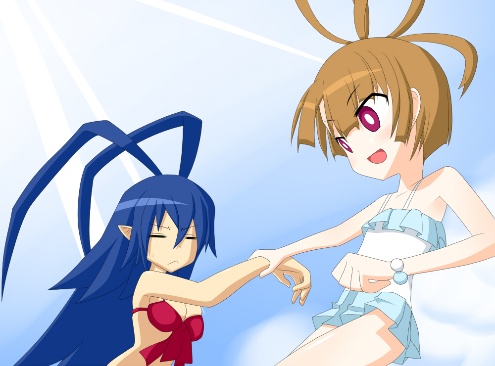 2girls, bikini, blue_hair, breasts, brown_hair, disgaea, disgaea_d2, closed_eyes