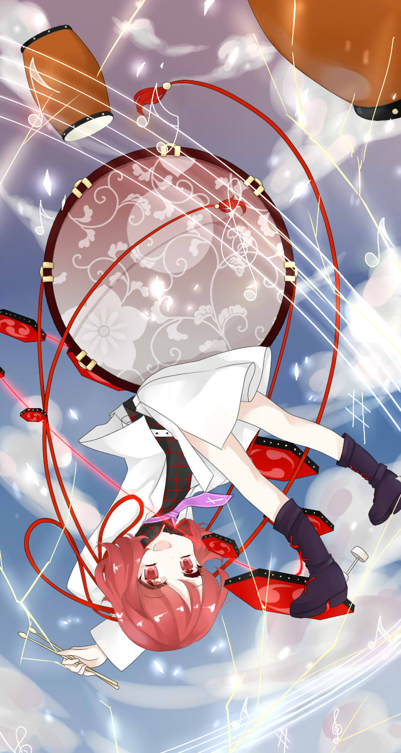 1girl, belt, cross, drum, drumsticks, female_focus, floral_print, highres