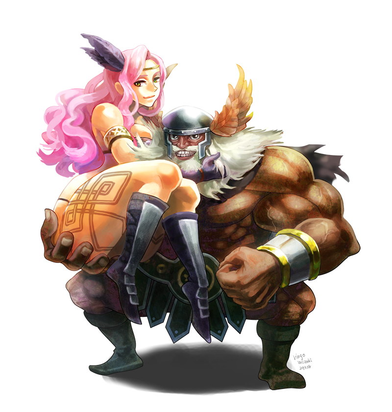 1boy, 1girl, alternate_hair_color, amazon_(dragon's_crown), armlet, armor, beard, bikini_armor