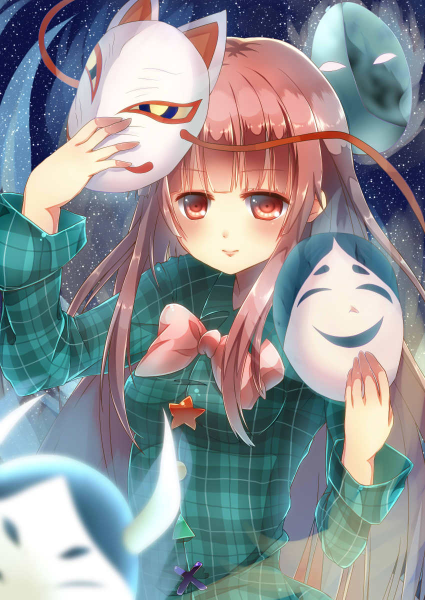 1girl, absurdres, bow, expressionless, female_focus, fox_mask, hannya, hata_no_kokoro