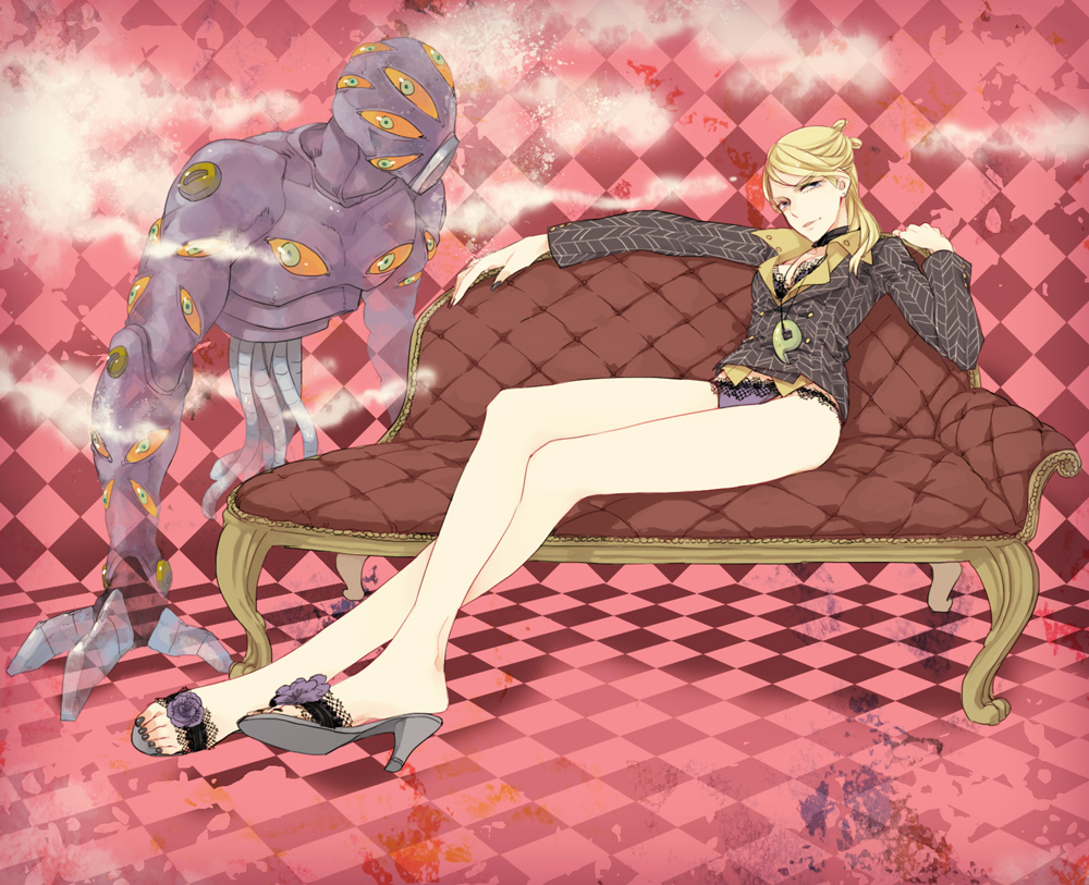 1girl, bad_anatomy, blonde_hair, couch, fuhmin, gender_request, genderswap, high_heels