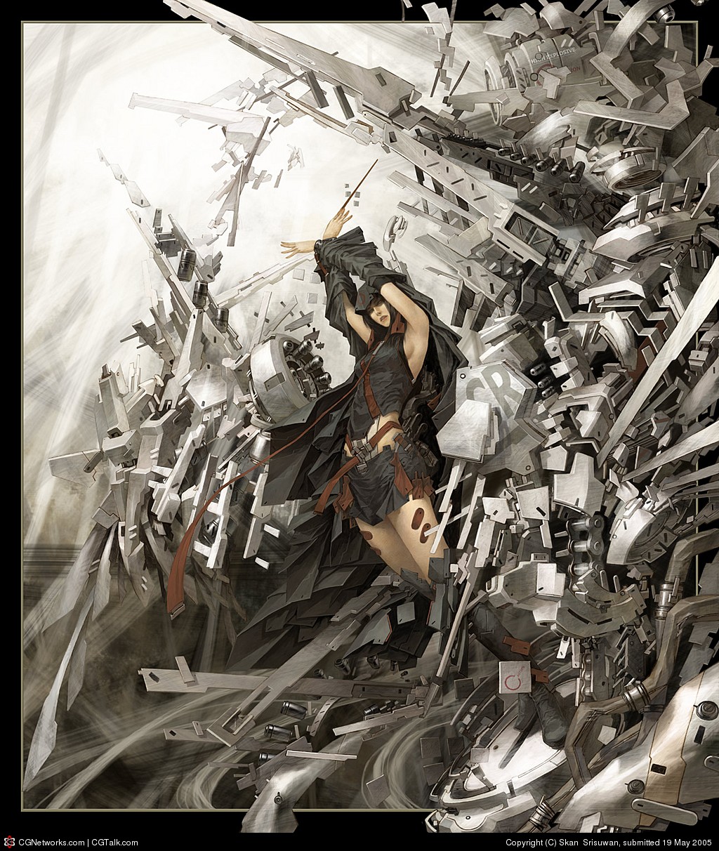 1girl, bad_cgsociety_id, bad_id, baton, boots, female_focus, highres, hood