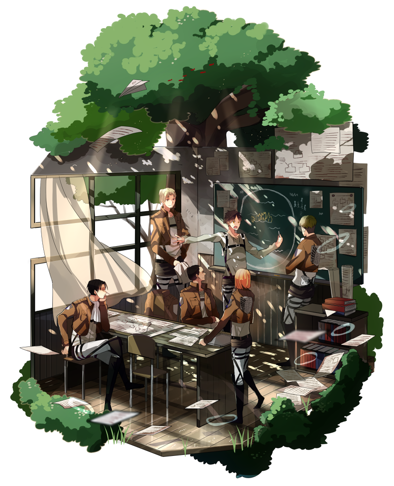 1girl, 5boys, auruo_bossard, black_hair, blonde_hair, book, brown_hair, chair, chalk, chalkboard, classroom, curtains, desk, erd_gin, eren_yeager, gunter_shulz, hinota, crossed_legs, levi_(shingeki_no_kyojin), multiple_boys, paper, paper_airplane, petra_ral, school, shingeki_no_kyojin, sitting, three-dimensional_maneuver_gear, tree
