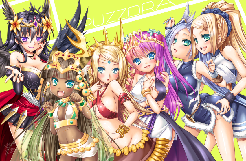 6+girls, alto_seneka, animal_ears, aqua_eyes, bare_shoulders, bastet_(p&amp;d), black_hair, blonde_hair, blue_hair, blush, bracelet, breasts, brown_hair, cat_ears, cat_girl, chaos_venus_(p&amp;d), cleavage, criss-cross_halter, echidna_(p&amp;d), fang, female_focus, green_hair, groin, hair_tubes, halterneck, headdress, idunn_&amp;_idunna, jewelry, large_breasts, long_hair, looking_at_viewer, lots_of_jewelry, md5_mismatch, midriff, multicolored_hair, multiple_girls, nail_polish, navel, open_mouth, paw_pose, persephone_(p&amp;d), ponytail, purple_eyes, purple_hair, puzzle_&amp;_dragons, red_hair, short_hair, smile, tan, venus_(p&amp;d), very_long_hair, wings