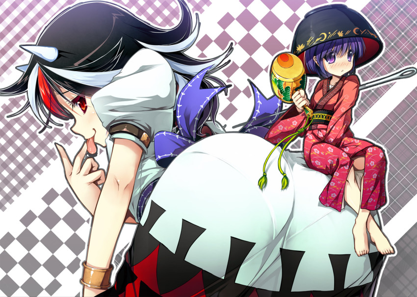 2girls, ass, barefoot, black_hair, blush, bowl, bowl_hat, chima_q
