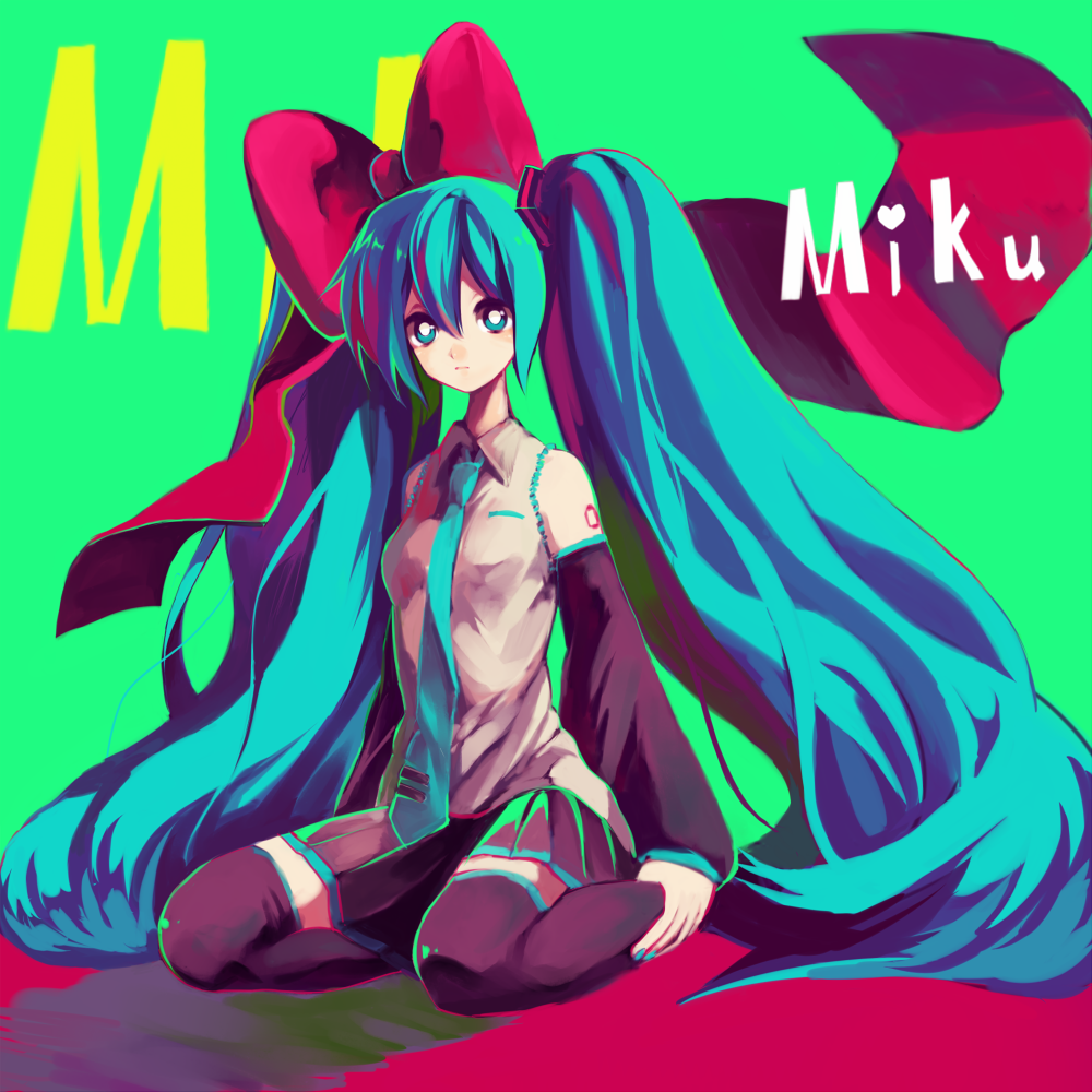 aqua_eyes, aqua_hair, daginin, hatsune_miku, long_hair, necktie, ribbon, solo