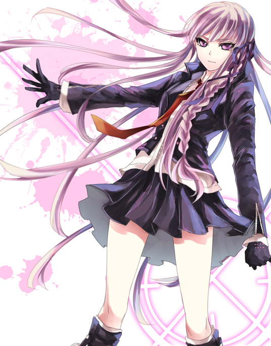 10s, 1girl, bad_id, bad_pixiv_id, black_gloves, black_jacket, black_legwear, black_skirt, braid, danganronpa:_trigger_happy_havoc, danganronpa_(series), expressionless, gloves, isal_(lasi), jacket, kirigiri_kyoko, leather, leather_jacket, long_hair, necktie, outstretched_arm, pink_hair, purple_eyes, shirt, skirt, white_shirt