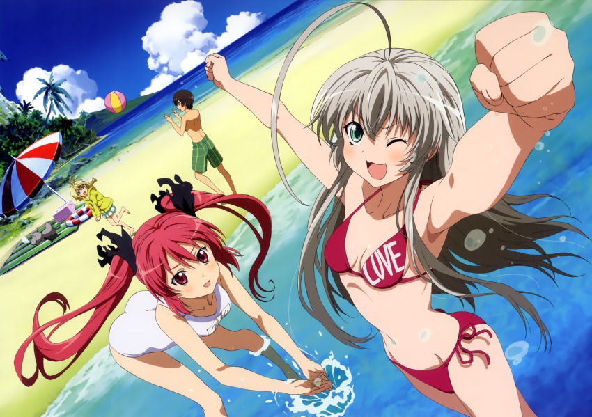 2boys, 2girls, ahoge, antenna_hair, armpits, back, beach, bikini, bikini_writing, blonde_hair, blue_eyes, blue_male_swimwear, blue_swim_trunks, braid, breasts, brown_hair, cleavage, clothes_writing, cthugha_(nyaruko-san), cupping_hands, day, english_text, foreshortening, from_above, green_eyes, green_male_swimwear, green_swim_trunks, grey_hair, hair_between_eyes, haiyore!_nyaruko-san, halterneck, hastur_(nyaruko-san), highres, huge_ahoge, legs_apart, lifebuoy, long_hair, male_swimwear, multiple_boys, multiple_girls, name_tag, narrow_waist, navel, nyarlathotep_(nyaruko-san), ocean, official_art, one-piece_swimsuit, one_eye_closed, ono_kazumi, open_mouth, outdoors, own_hands_together, palm_tree, plaid_clothes, polka_dot, polka_dot_male_swimwear, polka_dot_swimsuit, print_male_swimwear, print_swim_trunks, print_swimsuit, red_bikini, red_eyes, school_swimsuit, shantak_(nyaruko-san), short_hair, side-tie_bikini_bottom, single_braid, string_bikini, swim_ring, swim_trunks, swimsuit, swimsuit_writing, tree, twintails, v-shaped_eyebrows, very_long_hair, wading, water, water_drop, white_one-piece_swimsuit, white_school_swimsuit, wink, yasaka_mahiro
