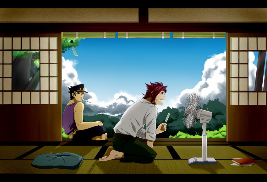 2boys, aji_(after_satellites), aji_(coastal_area), barefoot, black_hair, cloud, day, electric_fan