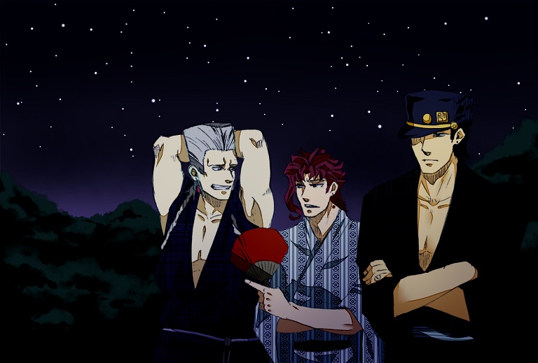 3boys, aji_(after_satellites), aji_(coastal_area), black_hair, hand_fan, grey_hair, hat, japanese_clothes