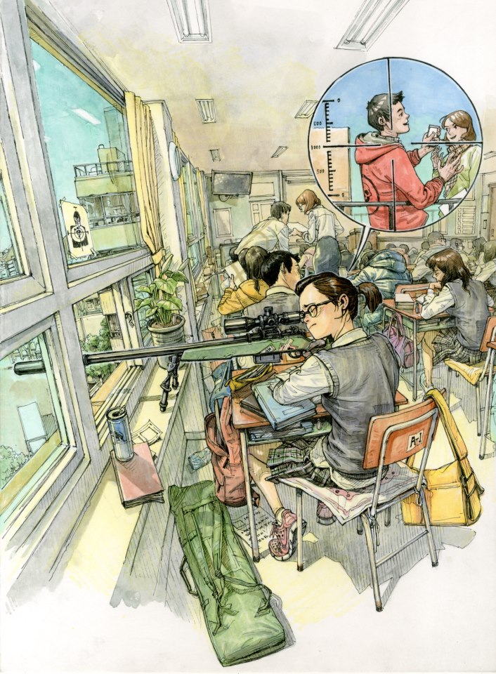 6+boys, 6+girls, aiming, classroom, desk, glasses, gun, indoors, jealous, kim_jung_gi, multiple_boys, multiple_girls, original, plaid_clothes, plaid_skirt, pleated_skirt, ponytail, rifle, school, school_desk, school_uniform, scope, shoes, short_ponytail, sitting, skirt, sneakers, sniper_rifle, socks, solo_focus, suppressor, sweater_vest, third-party_source, viewfinder, weapon, window