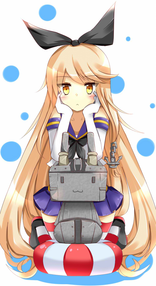 10s, 1girl, anchor, anchor_hair_ornament, blonde_hair, dress, elbow_gloves, gaoohohaha, gloves, hair_ornament, hair_ribbon, hands_on_chin, head_rest, innertube, kantai_collection, kneeling, long_hair, md5_mismatch, personification, rensouhou-chan, ribbon, sailor_dress, school_uniform, serafuku, shimakaze_(kancolle), striped_clothes, striped_thighhighs, swim_ring, thighhighs, yellow_eyes