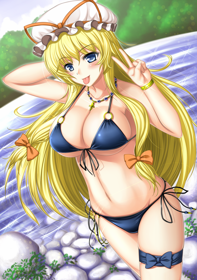 1girl, :p, bad_id, bad_pixiv_id, bikini, black_bikini, blonde_hair, blue_eyes