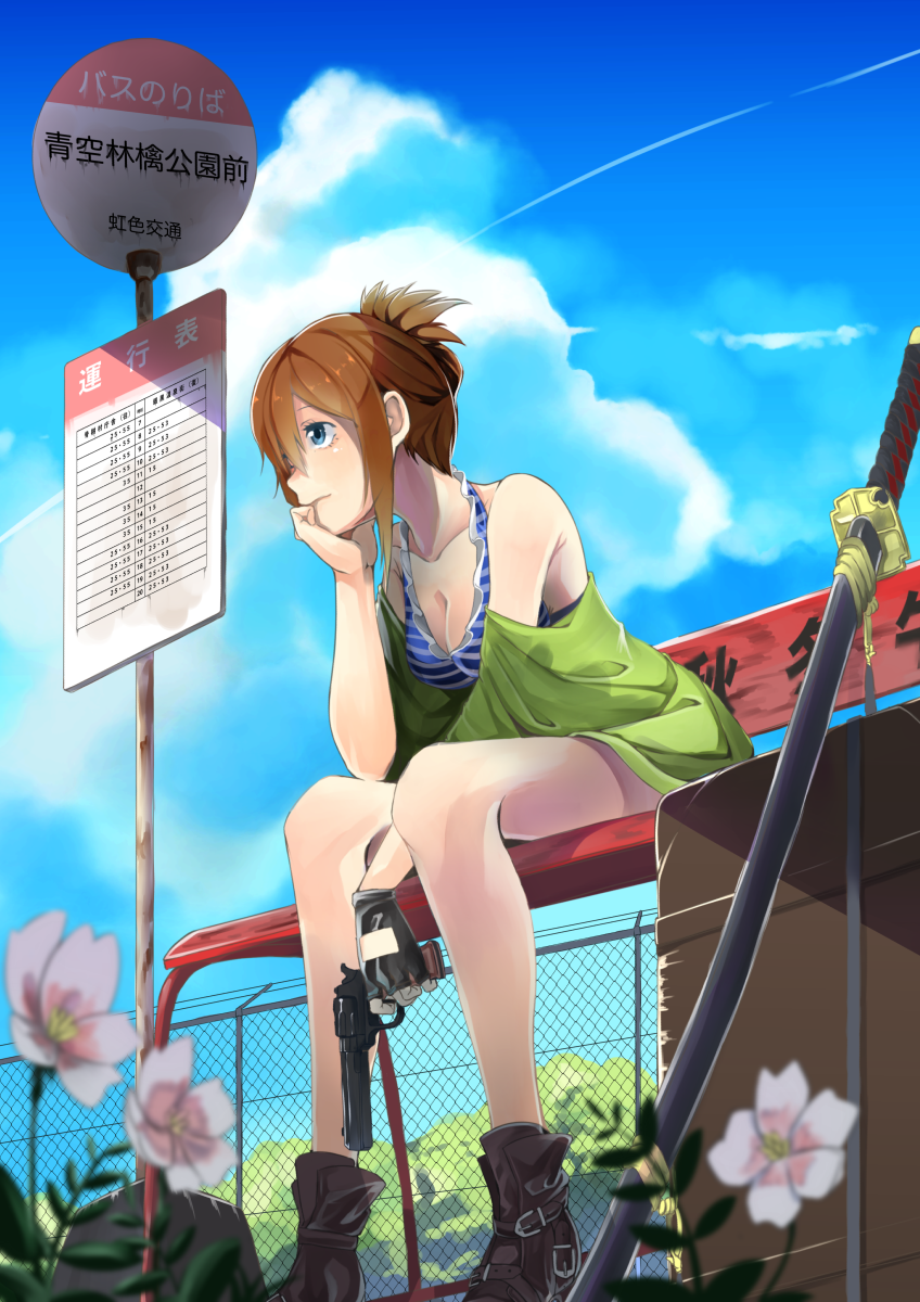 1girl, ankle_boots, bad_id, bad_pixiv_id, bare_shoulders, bench, blue_eyes, boots, bra, breasts, brown_hair, bus_stop, cleavage, day, female_focus, fence, flower, folded_ponytail, gun, hair_up, highres, hitotose_hirune, katana, medium_breasts, original, sitting, sky, solo, striped_bra, striped_clothes, sword, underwear, weapon