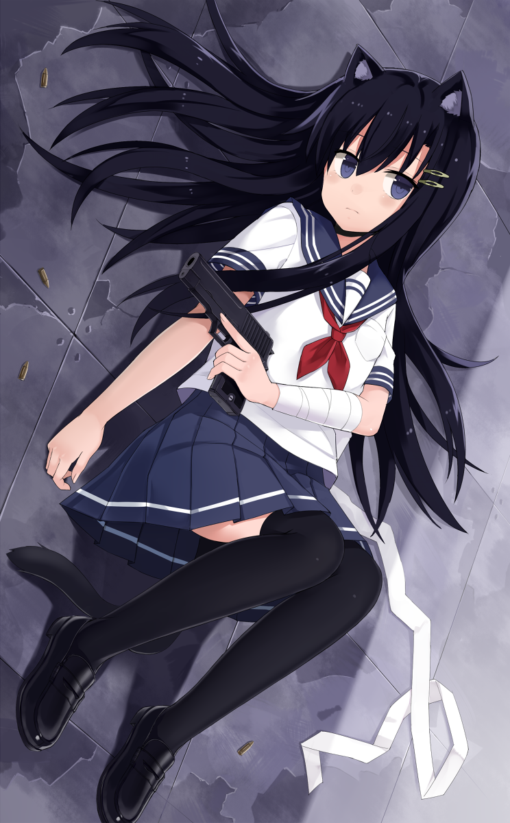 1girl, 501092-taka, animal_ears, bad_id, bad_pixiv_id, bandages, black_hair, black_thighhighs
