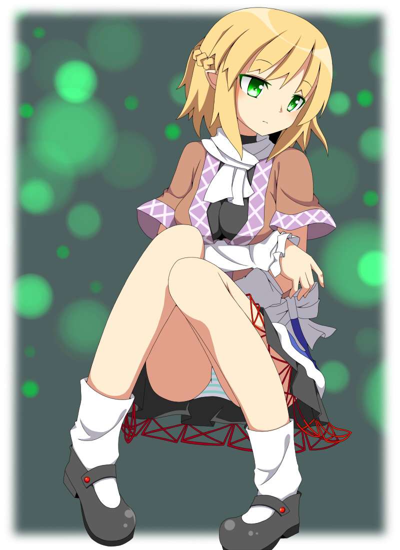 1girl, arm_warmers, blonde_hair, crossed_arms, female_focus, green_eyes, looking_away, mizuhashi_parsee