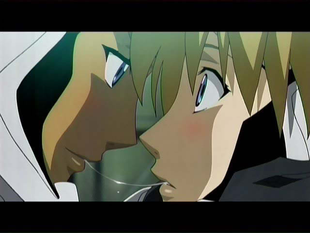 00s, 2girls, amy_stapleton, blush, dark_skin, dark-skinned_female, eye_contact, helmet, igpx, kiss, letterboxed, liz_ricarro, looking_at_another, multiple_girls, saliva, saliva_trail, third-party_edit, yuri