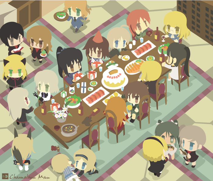 10s, 6+girls, alcohol, aleksandra_i._pokryshkin, amelie_planchard, animal_ears, bad_id, bad_pixiv_id, birthday, birthday_cake, black_hair, black_suit, blonde_hair, blue_eyes, box, brave_witches, brown_eyes, brown_hair, cake, carrying, cat, cat_ears, chair, chameleon_man_(three), charlotte_e._yeager, chibi, collared_shirt, eila_ilmatar_juutilainen, erica_hartmann, fallen_down, fernandia_malvezzi, flat_color, flower, food, fork, formal_clothes, fox_ears, fox_tail, francesca_lucchini, gertrud_barkhorn, gift, glass, glasses, green_eyes, grey_hair, hair_ribbon, hairband, hattori_shizuka, heidimarie_w._schnaufer, heinrike_prinzessin_zu_sayn-wittgenstein, jitome, kamereon_three, long_hair, luciana_mazzei, lynette_bishop, martina_crespi, meat, military, military_uniform, minna-dietlinde_wilcke, miyafuji_yoshika, multiple_girls, necktie, nikka_edvardine_katajainen, no_lineart, noble_witches, pantyhose, perrine_h._clostermann, ponytail, potato, rabbit_girl, red_eyes, red_hair, ribbon, rosalie_de_hemricourt_de_grunne, rug, sakamoto_mio, salad, sanya_v._litvyak, shirt, short_hair, sparkling_eyes, spilling, stone_floor, strike_witches, strike_witches:_katayoku_no_majo-tachi, strike_witches:_kurenai_no_majo-tachi, stuffed_animal, stuffed_cat, stuffed_toy, suit, table, tail, tile_floor, tiles, tray, water, wavy_hair, wine, wine_cellar, world_witches_series, yellow_eyes