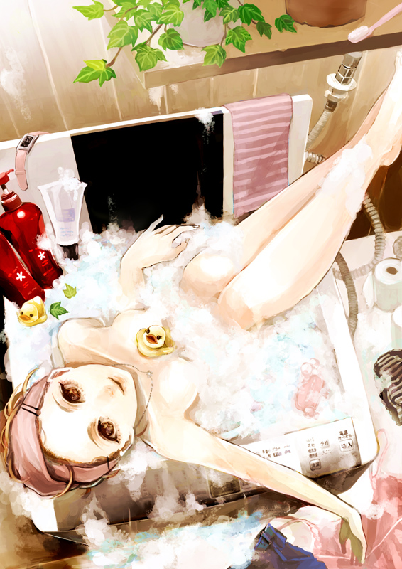 1girl, bad_id, bad_pixiv_id, barefoot, bath, bottle, brown_eyes, bubble_bath