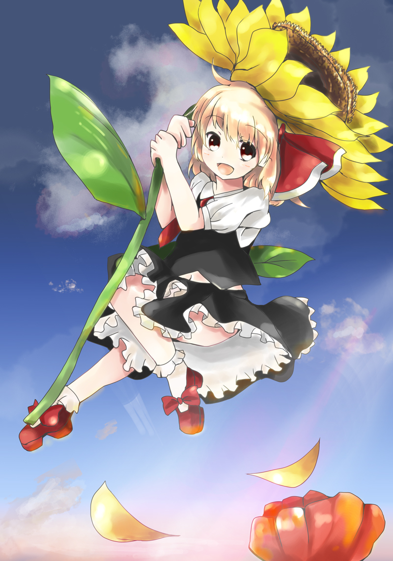 1girl, :o, blonde_hair, bow_shoes, cloud, cloudy_sky, female_focus, flower