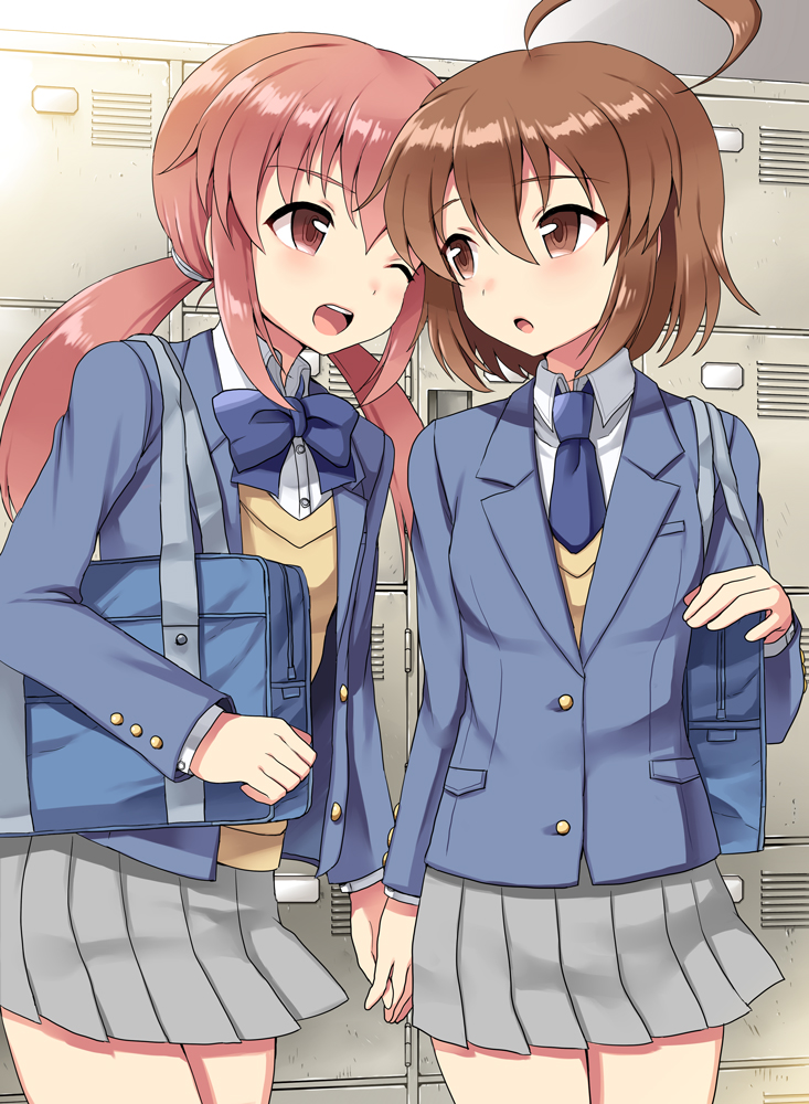 10s, 2girls, ahoge, andou_natsuki, bag, brown_eyes, brown_hair, furuhashi_ai, holding_hands, inaho, kitakubu_katsudou_kiroku, multiple_girls, one_eye_closed, pink_eyes, pink_hair, school_bag, school_uniform, twintails, wink