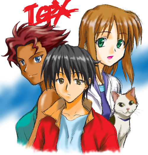 00s, 1boy, 2girls, amy_stapleton, black_hair, blue_eyes, breasts, brown_eyes