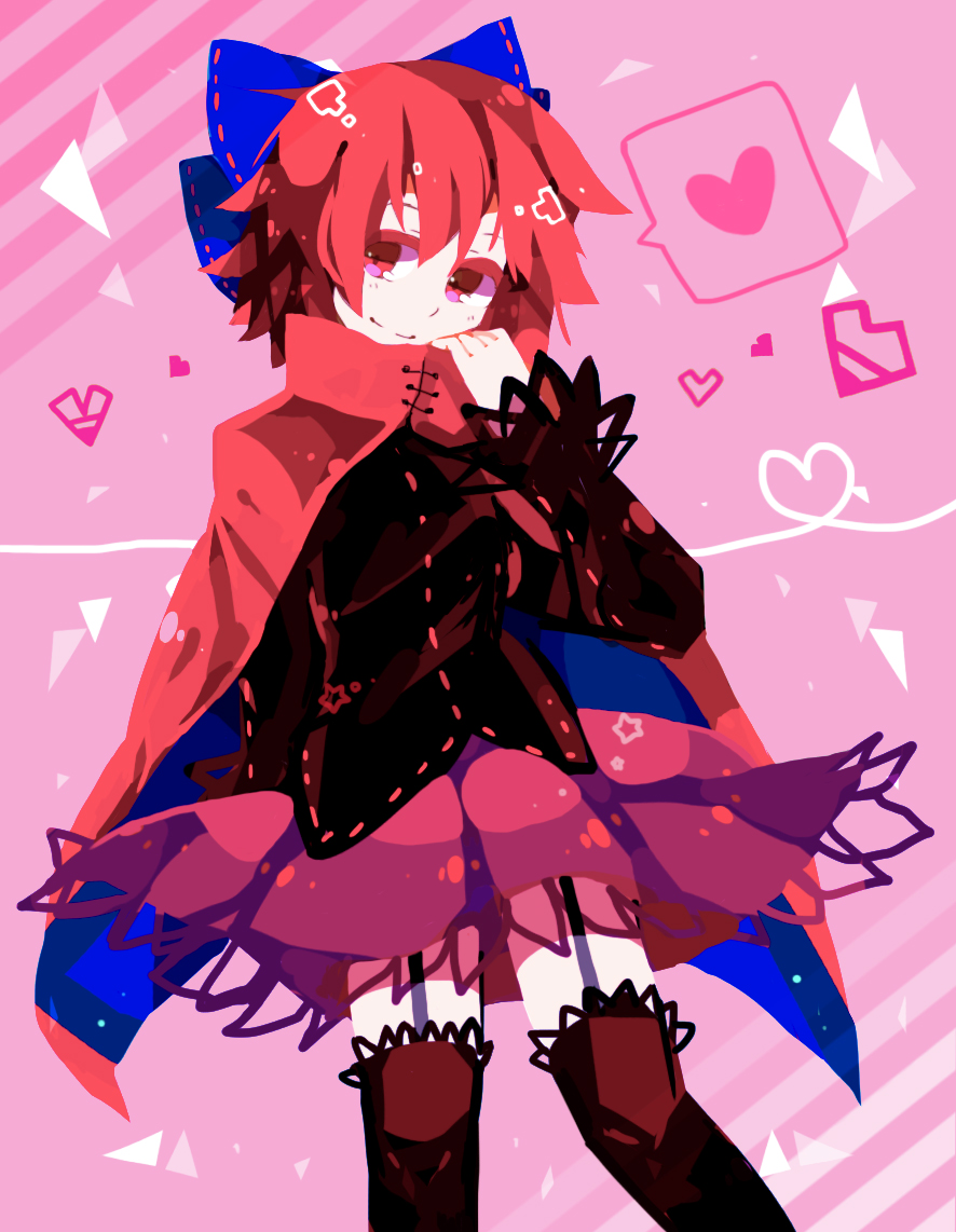 1girl, bad_id, bad_pixiv_id, bow, cape, garter_straps, hair_bow, hazuki_shino, heart, ogitya, red_eyes, red_hair, red_thighhighs, sekibanki, short_hair, smile, spoken_heart, thighhighs, touhou