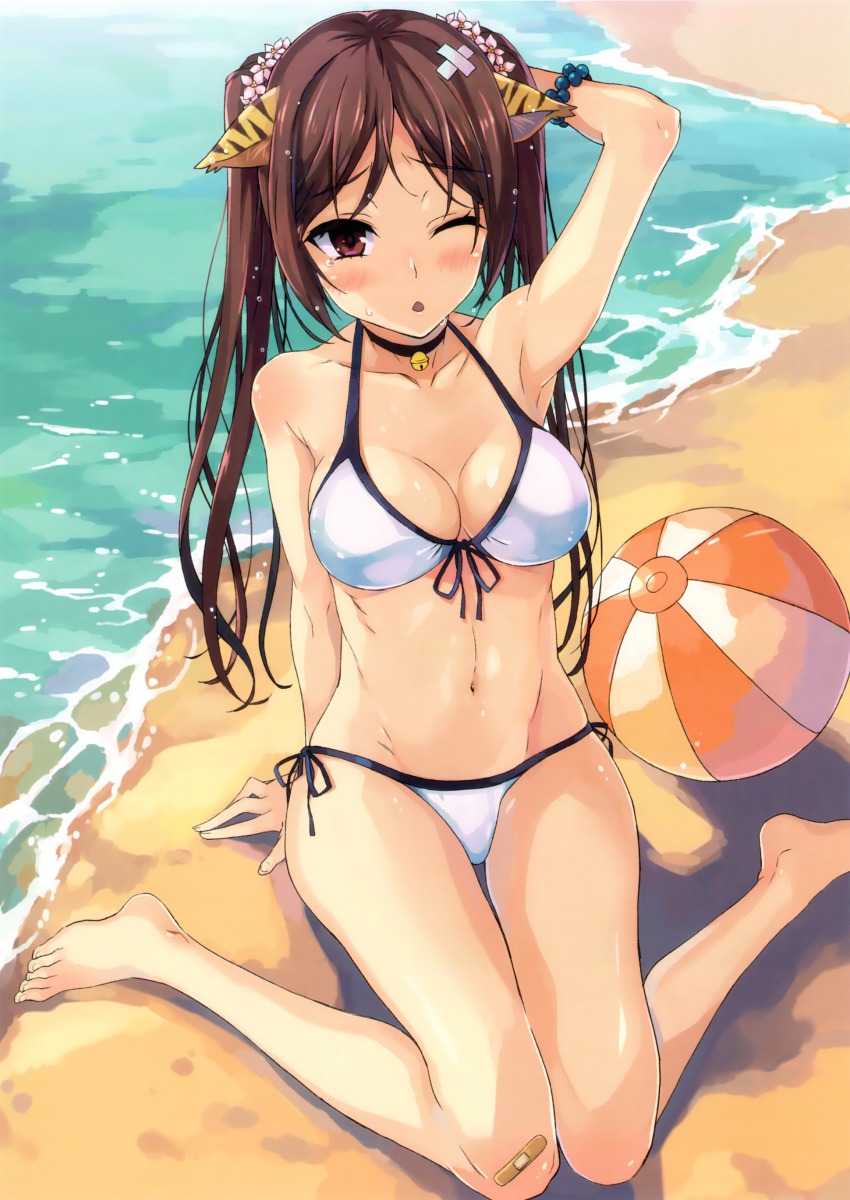 1girl, ;o, absurdres, animal_ears, arm_behind_head, arm_support, arm_up, ball, bandaid, bandaid_on_knee, bandaid_on_leg, bare_legs, bare_shoulders, barefoot, beach, beachball, bell, bikini, blush, bracelet, breasts, brown_hair, choker, cleavage, collarbone, day, female_focus, front-tie_top, highres, jewelry, kno1, long_hair, medium_breasts, navel, neck_bell, one_eye_closed, original, outdoors, red_eyes, scan, side-tie_bikini_bottom, sitting, solo, swimsuit, tears, tiger_ears, twintails, wariza, water, wet, white_bikini, wink