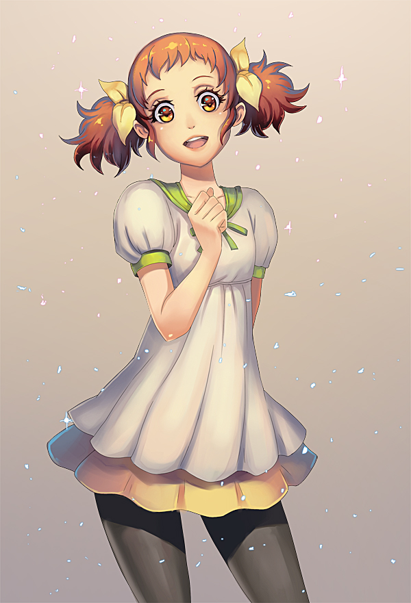 1girl, :d, arm_behind_back, bad_id, bad_pixiv_id, black_pantyhose, clenched_hand, dokidoki!_precure, female_focus, lipstick, makeup, matching_hair/eyes, morimoto_eru, open_mouth, orange_eyes, orange_hair, othel_(hatimorris), panties, pantyhose, pantyshot, precure, short_hair, simple_background, smile, solo, sparkle, twintails, underwear