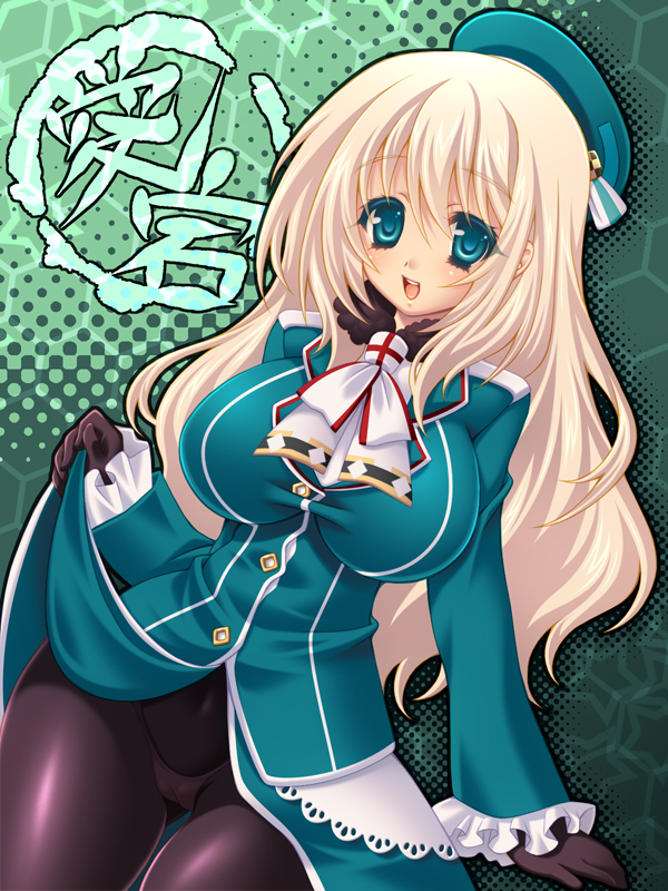 10s, 1girl, atago_(kancolle), black_gloves, black_pantyhose, blonde_hair, blush, breasts