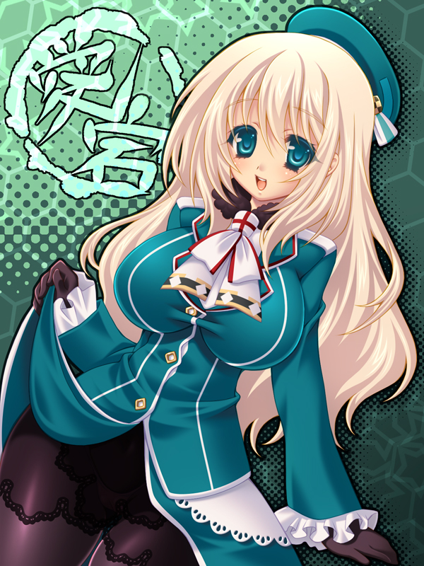 10s, 1girl, atago_(kancolle), black_gloves, black_pantyhose, blonde_hair, blush, breasts