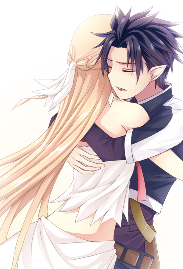 10s, 1boy, 1girl, asuna_(sao), bare_shoulders, black_hair, blonde_hair, brown_hair
