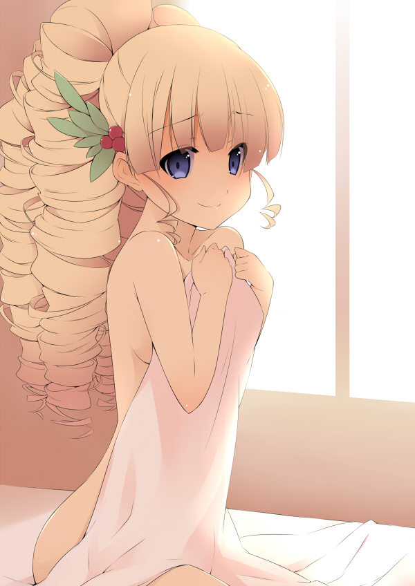 1girl, athena_(lord_of_vermilion), bed_sheet, blonde_hair, blue_eyes, blush, breasts, drill_hair, female_focus, hair_ornament, long_hair, looking_at_viewer, lord_of_vermilion, naked_sheet, nude, sasakura, small_breasts, smile, solo