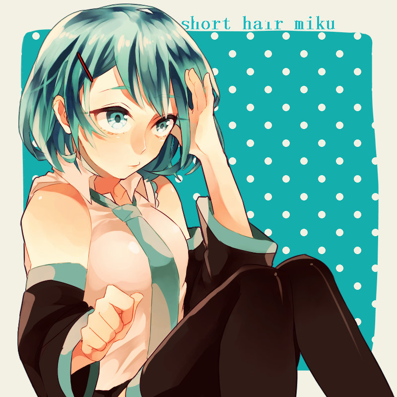 1girl, alternate_hair_length_(shorter), alternate_hairstyle, aqua_eyes, aqua_hair, bad_id, bad_pixiv_id, black_thighhighs