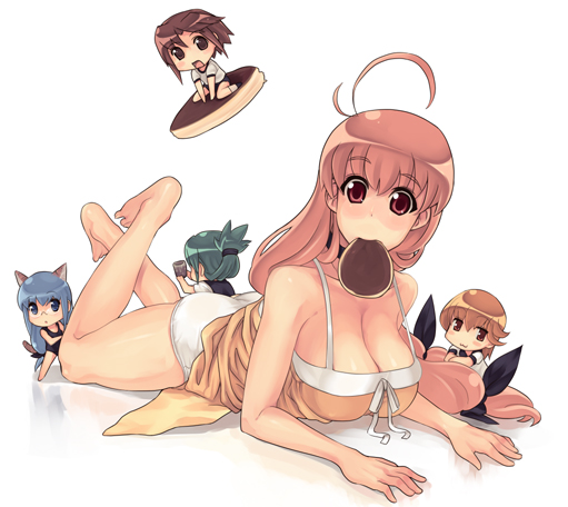 5girls, ahoge, animal_ears, barefoot, breasts, chibi, cleavage, food