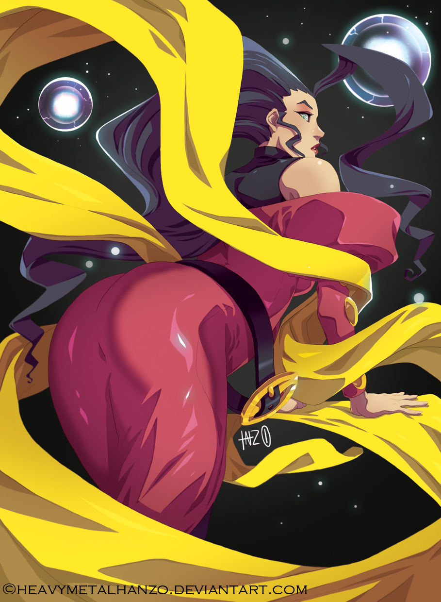 1990s_(style), 1girl, ahoge, ass, bare_shoulders, belt, belt_buckle, bent_over