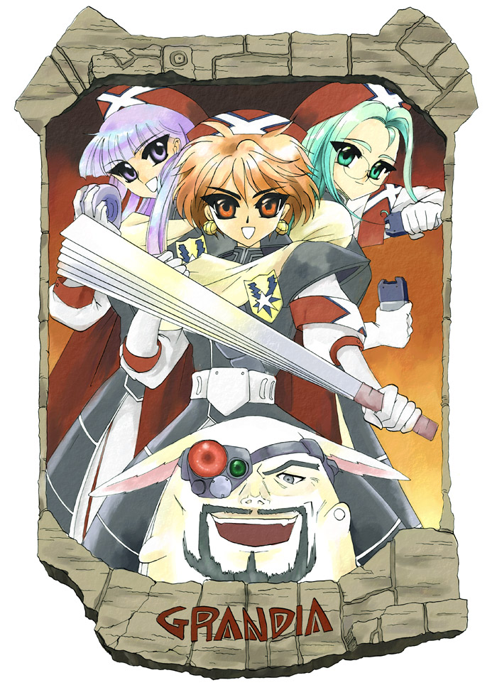 3girls, armor, baal_(grandia), belt, brown_hair, cape, copyright_name, game_arts